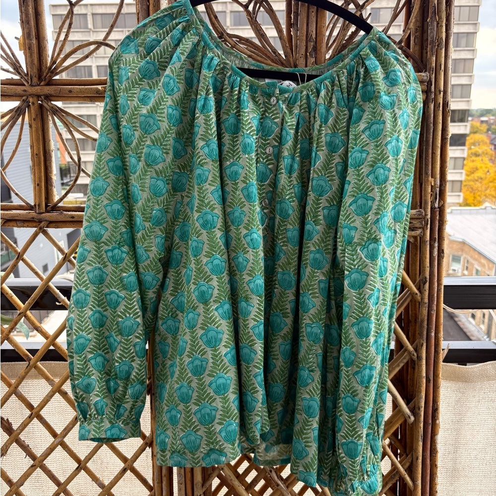 Emerson Fry Teal Leaf Print India Collection Blouse from Emerson Fry